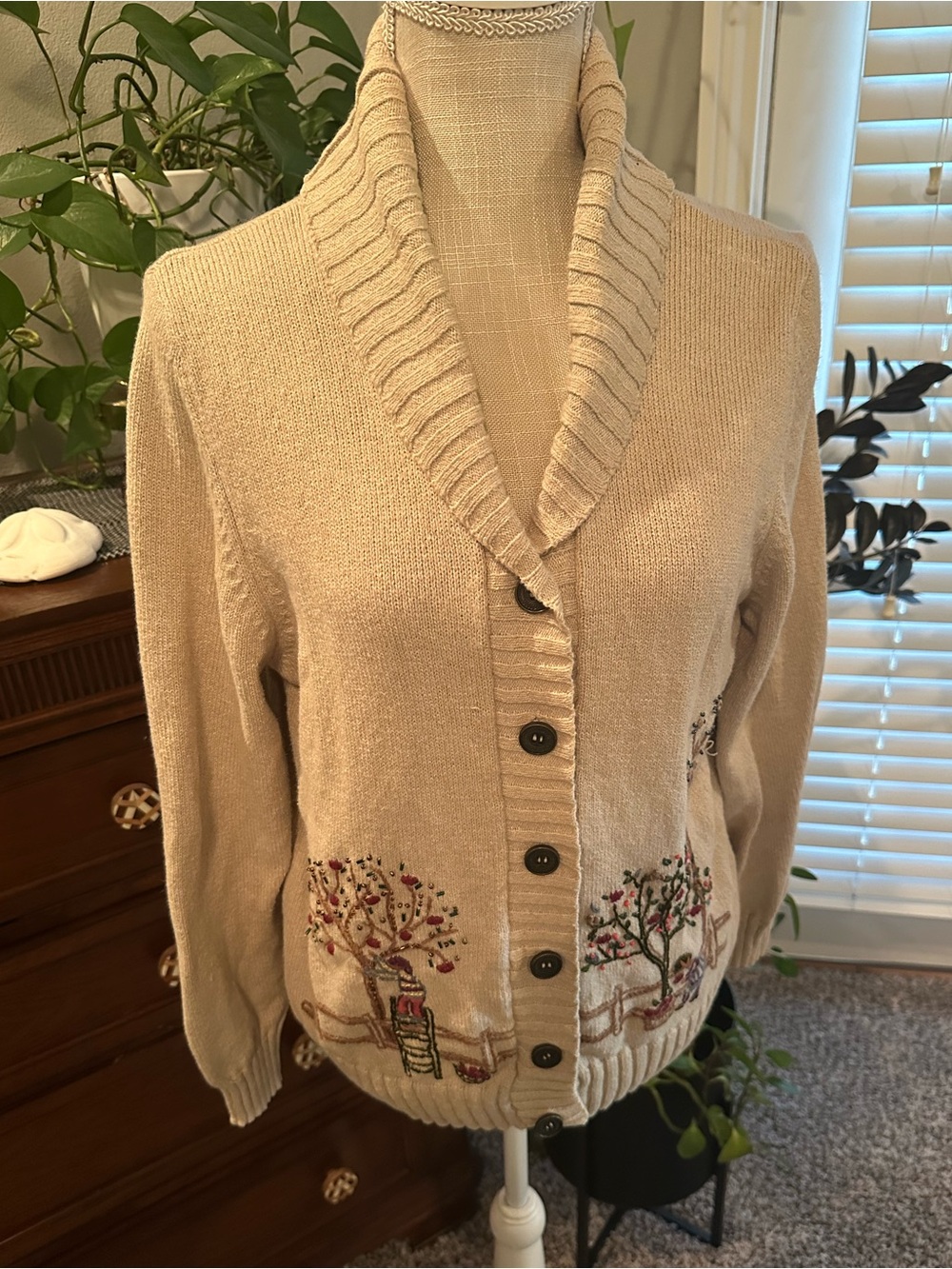 Alfred Dunner cream Shawl-Collar Button Cardigan with Embroidered Trees